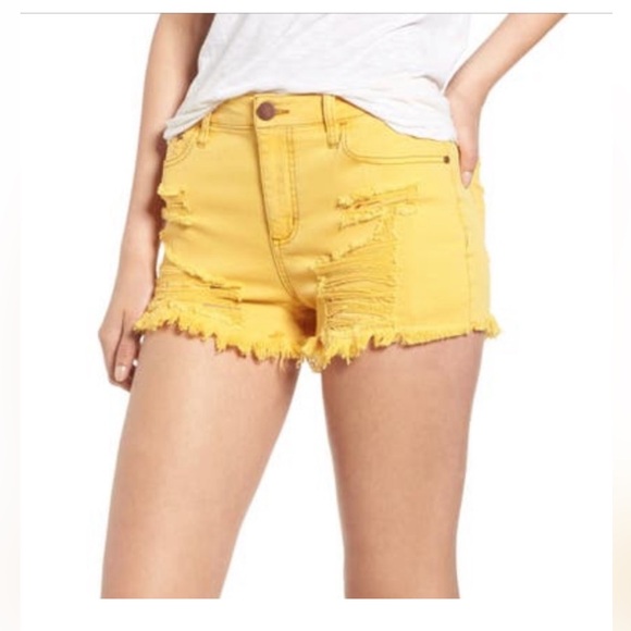 Tinsel Yellow Jean Shorts with Distressed Frayed Hem - Picture 1 of 9